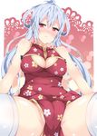  ahoge bare_shoulders blue_hair blush breasts chinese_clothes cleavage cleavage_cutout covered_navel long_hair looking_at_viewer matoi_(pso2) medium_breasts milkpanda phantasy_star phantasy_star_online_2 pink_eyes solo spread_legs thighhighs twintails white_legwear 