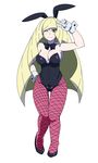  1girl ;) absurdres blonde_hair blush breasts bunny_ears bunnysuit cameltoe cleavage fishnet_pantyhose full_body gloves green_eyes hair_over_one_eye highres large_breasts long_hair looking_at_viewer lusamine_(pokemon) mantan milf one_eye_closed pokemon pokemon_(game) pokemon_sm sideboob simple_background smile solo white_background 