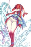  breasts feet fins fish_girl full_body gem hair_ornament highres jewelry legs lipstick looking_at_viewer makeup mekara_(uroko_18) mipha multicolored multicolored_skin polearm red_lips simple_background small_breasts solo spear standing the_legend_of_zelda the_legend_of_zelda:_breath_of_the_wild water weapon white_background yellow_eyes zora 