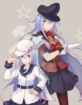  axleaki back-to-back belt black_gloves black_skirt blue_eyes crossed_arms flat_cap gangut_(kantai_collection) gloves grey_background hammer_and_sickle hand_on_hip hat hibiki_(kantai_collection) highres jacket_on_shoulders kantai_collection long_hair miniskirt multiple_girls pantyhose peaked_cap remodel_(kantai_collection) school_uniform serafuku silver_hair skirt verniy_(kantai_collection) white_hat yellow_eyes 