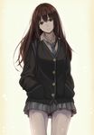  brown_hair cardigan closed_mouth commentary_request earrings expressionless green_eyes hands_in_pockets idolmaster idolmaster_cinderella_girls jewelry long_hair looking_at_viewer naga1047 necklace necktie school_uniform shibuya_rin solo 