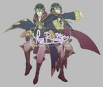  1girl black_hair boots cloak english fire_emblem fire_emblem:_kakusei grey_background grin krazehkai long_sleeves looking_at_viewer mark_(female)_(fire_emblem) mark_(fire_emblem) mark_(male)_(fire_emblem) simple_background smile 