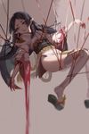  absurdres black_hair blood blood_drip blood_from_mouth blood_stain bloody_clothes bloody_hands blurry bound brown_eyes geta highres long_hair looking_to_the_side obi onmyoji pointy_ears sash shoulder_armor sketch slit_pupils solo spaulders thighhighs toyo_(s9654431) vampire white_legwear xixue_ji 