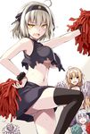  3girls :d ahoge alternate_costume bangs bare_arms black_choker black_legwear black_skirt blonde_hair blue_eyes blush breasts caster_(fate/zero) cheerleader choker closed_eyes crop_top fate/apocrypha fate/grand_order fate_(series) hairband half-closed_eyes hand_on_hip holding jeanne_d'arc_(alter)_(fate) jeanne_d'arc_(fate) jeanne_d'arc_(fate)_(all) jeanne_d'arc_alter_santa_lily large_breasts long_hair looking_at_viewer midriff multiple_girls navel oota_yuuichi open_mouth panties pantyshot pantyshot_(standing) pom_poms short_hair silver_hair skirt sleeveless smile standing standing_on_one_leg sweat thighhighs torn_clothes underboob underwear white_choker white_panties wristband yellow_eyes 