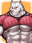  2017 abs anthro biceps big_muscles blue_eyes clothed clothing feline fur grimoire_of_zero hi_res istani kemono male mammal mercenary_(character) muscular muscular_male nipples pecs simple_background solo stripes tiger white_fur white_tiger 