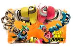  arms_(game) blue_hair boxing_gloves brown_eyes chain crosscounter dated domino_mask green_hair highres logo male_focus mask multiple_boys ninjara_(arms) official_art orange_background pompadour ponytail punching simple_background sparky_(arms) spring_(object) spring_man_(arms) toaster_(arms) upper_body 