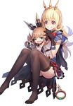  alternate_costume aqua_eyes armpits bangs black_gloves black_legwear blonde_hair blunt_bangs bow cagliostro_(granblue_fantasy) cape clarisse_(granblue_fantasy) full_body gloves granblue_fantasy hair_bow hair_ribbon headgear long_legs looking_at_another looking_at_viewer multiple_girls one_eye_closed orange_hair ponytail purple_eyes ribbed_shirt ribbon ririko_(zhuoyandesailaer) shaded_face shirt sleeveless sleeveless_shirt smile swept_bangs thighhighs thighs toes white_shirt younger 