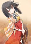  bangs beige_background black_hair bow brick_floor briefcase commentary_request frills gears hair_bow hair_ornament hakama hands_together highres holding japanese_clothes looking_at_viewer obi original paper red_eyes red_hakama sash senhappyaku short_hair solo striped tasuki wide_sleeves winding_key 