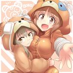  animal_costume animal_print bandages bangs bear_costume bear_print boko_(girls_und_panzer) boko_(girls_und_panzer)_(cosplay) brown_eyes brown_hair closed_mouth cosplay english foreshortening girls_und_panzer highres hug kitayama_miuki light_brown_hair long_hair looking_at_viewer multiple_girls nishizumi_miho open_mouth pajamas reaching shimada_arisu short_hair smile standing upper_body 