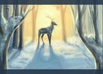  ambiguous_gender cervine day deanosaior detailed_background elk feral mammal outside snow standing tree 