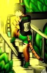  black_hair building carrus_(artist) clothing digitigrade feline footwear green_eyes hair male mammal plant shirt shoes shorts simple_background solo stairs tank_top tiger trash_can 