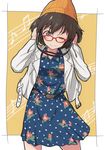  akiyama_yukari bangs beanie belt bespectacled blue_dress brown_eyes brown_hair casual cbgb closed_mouth collared_dress dress eighth_note floral_print girls_und_panzer glasses hands_on_own_head hat headphones highres jacket long_sleeves looking_at_viewer medium_dress messy_hair musical_note one_eye_closed open_clothes open_jacket orange_hat polka_dot polka_dot_dress print_dress red-framed_eyewear short_hair smile solo staff_(music) standing white_jacket yellow_background 
