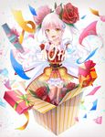  :o bad_id bad_pixiv_id box braid confetti cyanomirahi dress flower gift gift_box gloves grey_hair hair_flower hair_ornament highres in_box in_container outstretched_arms pink_hair pocketland rose short_twintails solo standing striped striped_legwear thighhighs twintails vertical_stripes white_gloves white_hair yellow_dress 