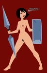  1girl areolae ashi_(samurai_jack) black_eyes black_hair breasts cartoon_network daughters_of_aku feet lipstick makeup naavs navel nipples nude perky_breasts pubic_hair pussy red_background samurai_jack short_hair solo toes weapon wide_hips 