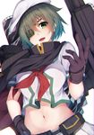  bangs black_gloves brown_gloves crop_top eyebrows_visible_through_hair eyepatch gloves green_eyes green_hair hair_over_one_eye hand_up highres kantai_collection kiso_(kantai_collection) looking_at_viewer midriff navel open_mouth pleated_skirt remodel_(kantai_collection) rerrere rigging short_hair short_sleeves simple_background skirt smile solo teeth upper_body white_background white_skirt 