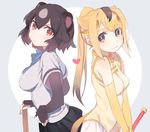  :/ animal_ears back-to-back bangs bare_shoulders bear_ears bear_girl bear_paw_hammer black_eyes black_skirt blue_ribbon blush bracelet breasts bright_pupils brown_bear_(kemono_friends) brown_gloves brown_hair circlet cow_(shadow) cowboy_shot extra_ears eyebrows_visible_through_hair eyelashes fingerless_gloves from_side gloves golden_snub-nosed_monkey_(kemono_friends) gradient_eyes gradient_hair grey_background grey_hair hair_between_eyes hair_ornament hand_on_hip heart high_ponytail holding holding_staff holding_weapon jewelry jpeg_artifacts kemono_friends large_breasts leotard light_brown_eyes long_hair looking_at_viewer medium_breasts monkey_ears monkey_tail multicolored multicolored_background multicolored_eyes multicolored_hair multiple_girls neck_ribbon orange_eyes orange_gloves orange_hair pleated_skirt ponytail ribbon shadow shirt short_hair short_sleeves skirt sleeveless smile staff swept_bangs tail tareme tsurime two-tone_background two-tone_hair v-shaped_eyebrows weapon white_background white_pupils white_skirt yellow_leotard 