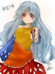  2017 aiming_at_viewer alternate_breast_size bangs bare_shoulders blush breasts cleaver closed_mouth collarbone dated detached_sleeves diamond_(shape) dress eyebrows_visible_through_hair eyes_visible_through_hair frilled_dress frills highres hiiragi_hime holding holding_weapon long_hair long_sleeves looking_at_viewer messy_hair multicolored multicolored_clothes multicolored_dress red_ribbon ribbon sakata_nemuno signature silver_hair simple_background single_strap sketch small_breasts smile solo tareme touhou very_long_hair weapon white_background 