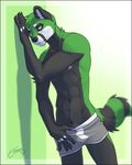  2016 5_fingers abstract_background anthro biped black_claws black_fur black_nose black_tail boxer_briefs claws clothed clothing depth_of_field digital_media_(artwork) feralise fluffy fluffy_tail front_view fur green_fur green_tail grey_bottomwear grey_clothing grey_nipples grey_underwear looking_at_viewer male mammal multicolored_fur multicolored_tail navel nipples portrait raccoon ragscoon ringed_tail signature solo standing teasing three-quarter_portrait topless two_tone_tail underwear underwear_pull white_fur yellow_eyes 