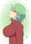  arms_at_sides blush breasts commentary_request from_side green_hair highres hikage_(senran_kagura) ichiryuu_tsumiki impossible_clothes large_breasts long_sleeves looking_up parted_lips profile ribbed_sweater senran_kagura short_hair slit_pupils solo sweater turtleneck turtleneck_sweater upper_body yellow_eyes 