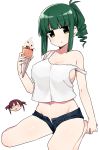  2girls :o bangs bare_arms bare_legs bare_shoulders barefoot blue_shorts blush breasts cleavage collarbone crop_top curly_hair eyebrows_visible_through_hair food green_eyes green_hair groin hand_up head_tilt holding holding_food ice_cream large_breasts long_hair looking_at_viewer micro_shorts midriff multiple_girls navel o_o open_fly open_mouth parted_lips ponytail purple_hair saki shirt shisoneri short_twintails shorts sideboob sidelocks simple_background sitting stomach strap_slip takimi_haru tank_top thighs twintails usuzumi_hatsumi wariza white_background white_shirt 