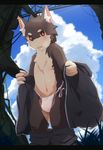  4_fingers anthro black_fur blush canine chest_tuft clothing cub dog fundoshi fur inner_ear_fluff japanese_clothing male mammal navel red_eyes scar sky solo sweat tongue tongue_out tuft underwear undressing white_fur young 猫舌かぐ 