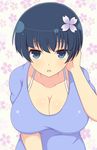  blue_eyes blue_hair blue_shirt blush breasts cleavage collarbone commentary_request floral_background flower hair_flower hair_ornament hair_tucking highres ichiryuu_tsumiki large_breasts leaning_forward looking_at_viewer parted_lips senran_kagura senran_kagura_shinovi_versus shirt short_hair short_sleeves solo upper_body yozakura_(senran_kagura) 