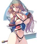  arm_behind_back belt_collar bikini breasts brown_hair character_request cleavage green_eyes hair_over_one_eye highres huge_breasts long_hair masao navel original simple_background solo swimsuit sword thighs veil weapon white_background 