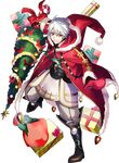  cape christmas christmas_tree fire_emblem fire_emblem:_kakusei fire_emblem_heroes fujiwara_ryo full_body gift gloves hat highres hood looking_at_viewer male_focus male_my_unit_(fire_emblem:_kakusei) my_unit_(fire_emblem:_kakusei) official_art santa_hat smile solo transparent_background white_hair yellow_eyes 