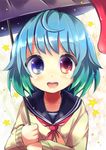  blue_eyes blue_hair blush eyebrows_visible_through_hair heterochromia highres karakasa_obake looking_at_viewer neckerchief open_mouth red_eyes red_neckwear short_hair smile solo star tatara_kogasa teeth touhou umbrella uta_(kuroneko) 