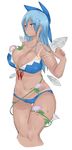  :/ absurdres ass_visible_through_thighs bikini blue_eyes blue_hair bow breasts cirno commentary curvy dark_skin flower hair_bow hidden_star_in_four_seasons highres hips ice ice_wings jitome large_breasts long_hair morning_glory navel older pushun_(muteki) solo strap_pull sweat swimsuit tan tanline tanned_cirno thigh_gap touhou wings 