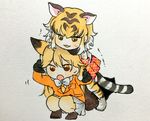  :3 :o animal_ears animal_print ankle_boots arm_holding black_gloves blazer blonde_hair blush boots bow bowtie breast_pocket brown_eyes brown_footwear chibi commentary_request extra_ears eyebrows_visible_through_hair ezo_red_fox_(kemono_friends) fox_ears fox_tail full_body fur-trimmed_sleeves fur_trim gloves gradient_legwear grey_background grey_footwear hair_between_eyes hand_on_another's_arm hand_on_another's_shoulder highres horizontal_stripes jacket jitome jpeg_artifacts kemono_friends light_brown_hair long_hair long_sleeves looking_at_viewer motion_lines multicolored multicolored_eyes multicolored_hair multiple_girls no_nose open_mouth orange_eyes orange_jacket orange_legwear pantyhose plaid plaid_skirt pleated_skirt pocket red_skirt shirokuma_(reirako-reirako) shirt short_sleeves skirt sleeve_cuffs squatting standing streaked_hair striped striped_legwear striped_tail sweat tail tiger_(kemono_friends) tiger_ears tiger_print tiger_tail traditional_media trembling tsurime white_bow white_hair white_neckwear white_shirt white_skirt yellow_legwear 