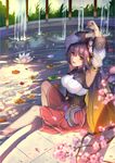  armpits barefoot blurry character_request commentary_request flower hair_ornament highres long_hair looking_at_viewer lotus open_mouth purple_hair red_eyes sitting skirt sleeveless smile stretch water weiyinji_xsk xian_jian_qi_xia_zhuan 