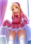  ass_visible_through_thighs blonde_hair blush bow dress dress_lift drill_hair eromanga_sensei hair_bow highres kazenokaze lifted_by_self long_hair looking_at_viewer panties pink_eyes pink_panties pointy_ears red_bow solo thighhighs twin_drills underwear wavy_mouth white_legwear yamada_elf 