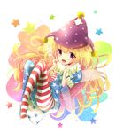  american_flag_dress american_flag_legwear blonde_hair blush clownpiece double_v fairy fairy_wings full_body hat highres jester_cap long_hair looking_at_viewer open_mouth pantyhose polka_dot print_legwear puffy_sleeves red_eyes short_sleeves smile solo star striped striped_legwear touhou uta_(kuroneko) v wings 