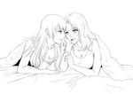  breasts chin_rest cleavage couple darjeeling elbow_rest eye_contact girls_und_panzer kay_(girls_und_panzer) large_breasts lineart long_hair looking_at_another lying mochi_(non165) monochrome multiple_girls on_stomach open_mouth pointing tank_top under_covers yuri 