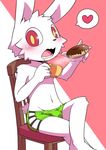  &lt;3 anthro beverage blush bulge clothing coffee cub cup doughnut food fur lagomorph male mammal open_mouth rabbit red_eyes simple_background sitting solo underwear white_fur yellow_pupils young 鴻上 