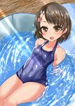  10s 1girl :3 bare_arms bare_legs bare_shoulders black_hair breasts collarbone covered_navel eku_(threshold) eyebrows eyebrows_visible_through_hair female hair_ornament hairclip idolmaster idolmaster_cinderella_girls leaning_back looking_at_viewer one-piece_swimsuit open_mouth sasaki_chie shiny shiny_skin sitting small_breasts solo swimsuit water wet 