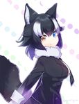  :&gt; alternate_hair_length alternate_hairstyle animal_ears arms_at_sides black_hair black_jacket blazer blue_background blue_eyes breasts buttons eyebrows_visible_through_hair eyelashes from_side fur_collar gloves gradient_clothes gradient_hair grey_wolf_(kemono_friends) heterochromia jacket kemono_friends large_breasts lavender_background long_sleeves looking_at_viewer multicolored multicolored_background multicolored_hair necktie nyori outline pink_background plaid plaid_neckwear short_hair sleeve_cuffs smile solo tail tsurime twitter_username two-tone_hair upper_body wavy_hair white_background white_gloves white_hair wolf_ears wolf_tail yellow_eyes 