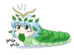  :t antennae bangs blue_hair blush_stickers brown_eyes caterpillar closed_mouth eating eternity_larva hair_between_eyes hair_ornament itatatata leaf_hair_ornament mg_mg mouth_hold shadow short_hair simple_background smile solo tareme text_focus too_literal touhou white_background younger 