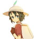  backpack bag black_gloves black_hair blue_eyes blush eyebrows_visible_through_hair from_side gloves hair_between_eyes hat hat_feather helmet jpeg_artifacts kaban_(kemono_friends) kemono_friends looking_at_viewer miyuu no_nose pith_helmet red_shirt shirt short_hair short_sleeves shorts simple_background smile solo tareme upper_body wavy_hair white_background white_hat 