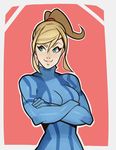  blonde_hair blue_eyes bodysuit breasts long_hair looking_at_viewer medium_breasts metroid ponytail samus_aran simple_background smile solo splashbrush zero_suit 