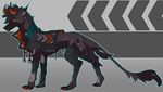  abstract_background canine clothed_feral clothing feral hellhound horn male mammal paws red_eyes slit_pupils smooshkin solo 