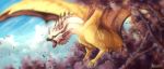  2017 day detailed_background digital_media_(artwork) dragon feral fur furred_dragon green_eyes membranous_wings open_mouth outside ravoilie sky solo teeth tongue wings yellow_fur 