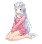  absurdres barefoot blue_eyes blush bow eromanga_sensei full_body hair_bow highres izumi_sagiri long_hair looking_at_viewer pajamas pink_bow pink_pajamas silver_hair sitting smile solo v_arms very_long_hair wariza z-bozi 