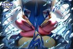  gen_6_pokemon greninja looking_at_viewer nicole_echeverria ninja no_humans pokemon pokemon_(creature) red_eyes scarf super_smash_bros. tongue water 