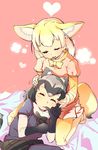  ^_^ abstract_background ahobaka animal_ears bed_sheet black_gloves black_hair black_legwear black_ribbon black_skirt blonde_hair blue_shirt blush brown_hair clenched_hand closed_eyes common_raccoon_(kemono_friends) extra_ears eyebrows_visible_through_hair eyelashes facing_another fennec_(kemono_friends) finger_sucking finger_to_mouth floral_background fox_ears fox_tail fur_collar fur_trim gloves gradient_clothes gradient_legwear grey_hair hands_on_another's_head heart highres jpeg_artifacts kemono_friends lap_pillow lying motion_lines multicolored_hair multiple_girls neck_ribbon open_mouth pantyhose petting pink_sweater pleated_skirt puffy_short_sleeves puffy_sleeves raccoon_ears raccoon_tail ribbon shadow shirt short_hair short_sleeve_sweater short_sleeves sitting skirt sleeping smile striped_tail sweater tail thumb_sucking twitter_username white_hair yellow_legwear yellow_ribbon yuri |3 