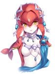  blush breasts capelet fins fish_girl hair_ornament head_tilt highres jewelry looking_at_viewer medium_breasts mipha monster_girl multicolored multicolored_skin necklace simple_background smile snowcanvas solo the_legend_of_zelda the_legend_of_zelda:_breath_of_the_wild upper_body white_background yellow_eyes zora 