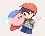  black_hair blue_eyes creature hat kirby kirby_(series) male_focus mother_(game) mother_2 ness oomoto_makiko open_mouth seiyuu_connection super_smash_bros. white_background wusagi2 