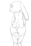  2017 akiric anthro black_and_white butt clothed clothing disney female judy_hopps lagomorph looking_back mammal monochrome panties pants_down partially_clothed rabbit rear_view simple_background solo underwear white_background zootopia 