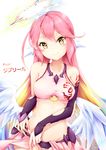  2017 absurdres angel_wings arm_tattoo bare_shoulders blonde_hair blue_hair blush breasts bridal_gauntlets closed_mouth collarbone cowboy_shot dated eyebrows_visible_through_hair feathered_wings gloves gradient gradient_hair green_hair groin halo highres ikasoke_(likerm6au) jibril_(no_game_no_life) large_breasts legs_apart long_hair looking_at_viewer low_wings magic_circle midriff multicolored_hair navel no_game_no_life pink_hair purple_gloves signature skirt smile solo tattoo thigh_gap white_wings wing_ears wings yellow_eyes 